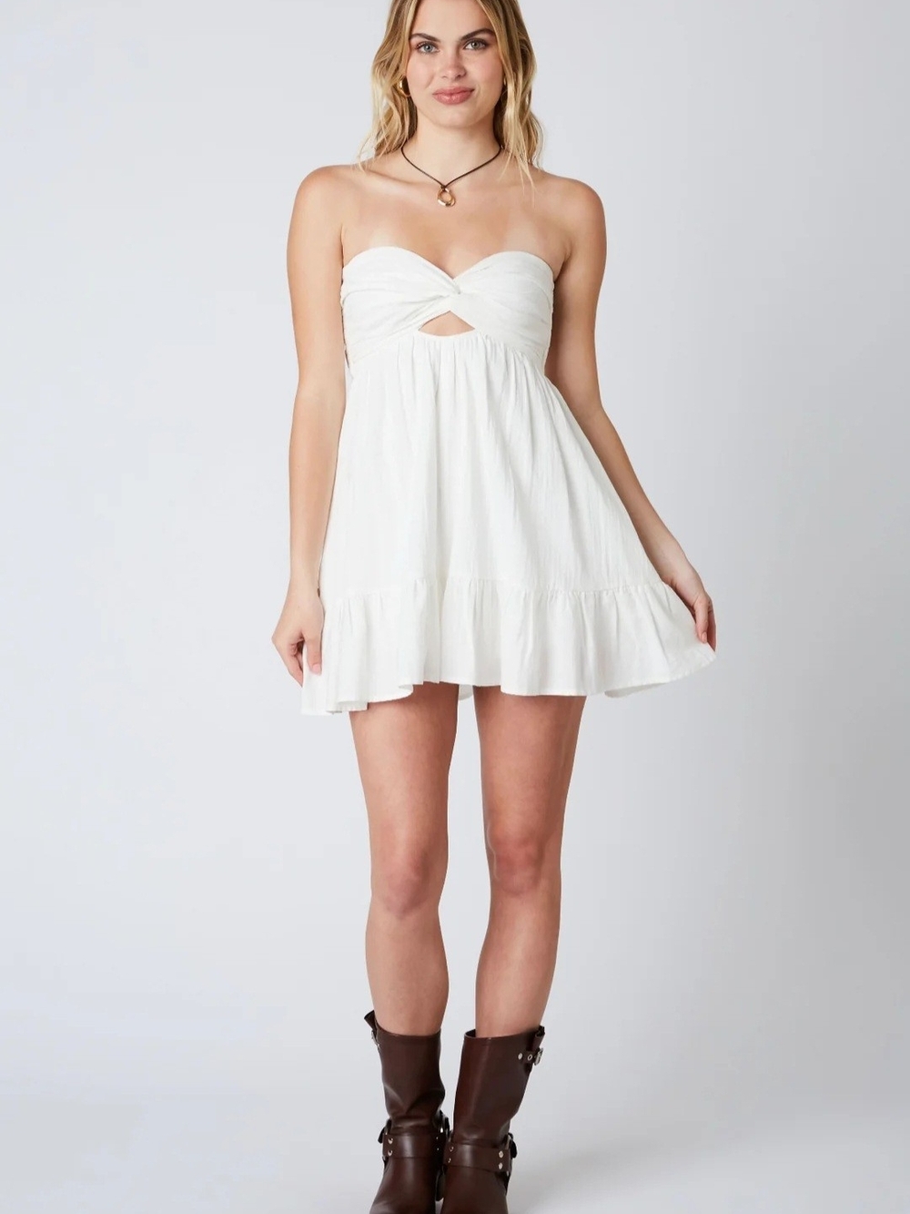Strapless White Mini Dress with Twist Front and Ruffle Hem